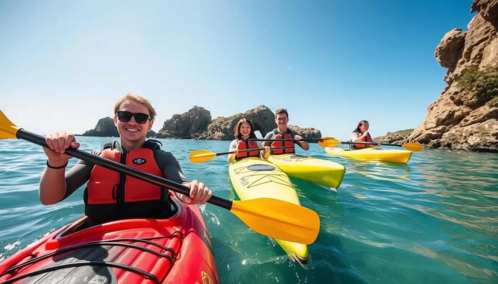 Kayakers exploring the coastline near Glass Beach Fort Bragg California