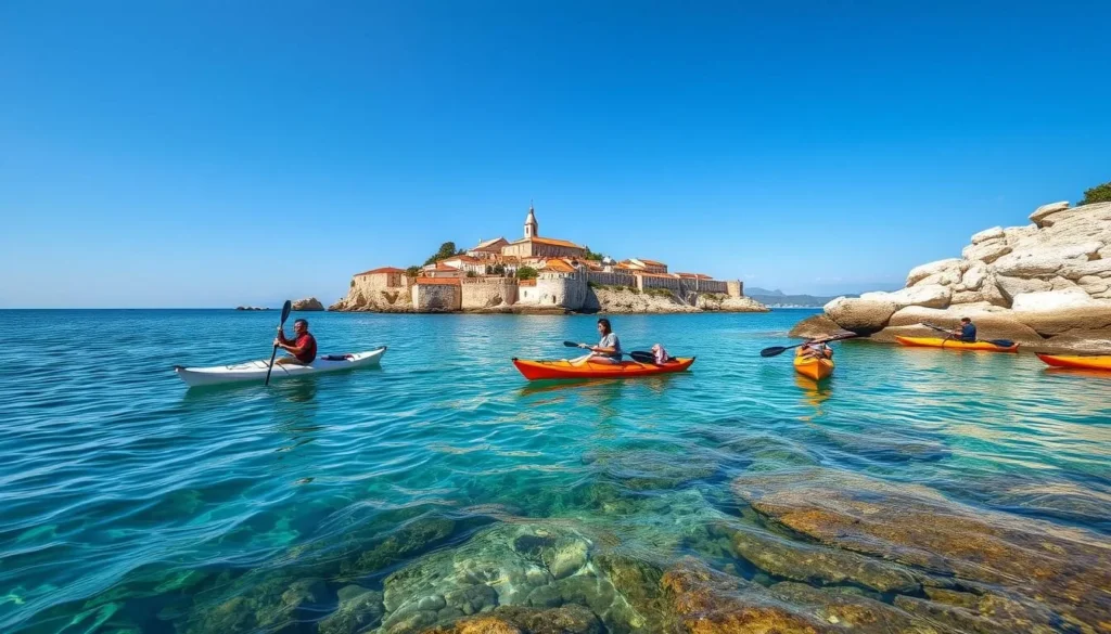 Kayakers exploring the coastline near Korcula with the old town visible in the distance