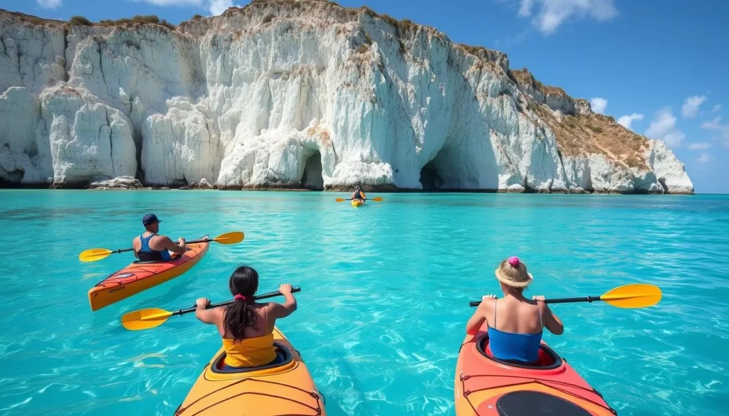 Kayakers exploring the coastline near Mudjin Harbour showing outdoor activities for Mudjin Harbour Turks & Caicos things to do
