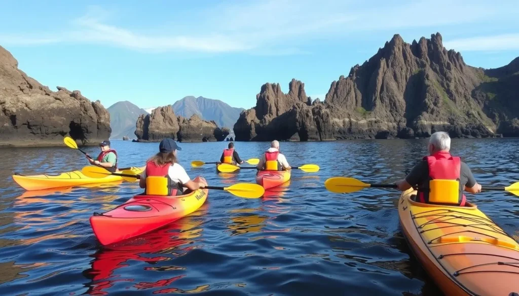 Kayakers exploring the coastline of Avacha Bay with volcanic mountains in background Kayakers exploring the coastline of Avacha Bay with volcanic mountains in background