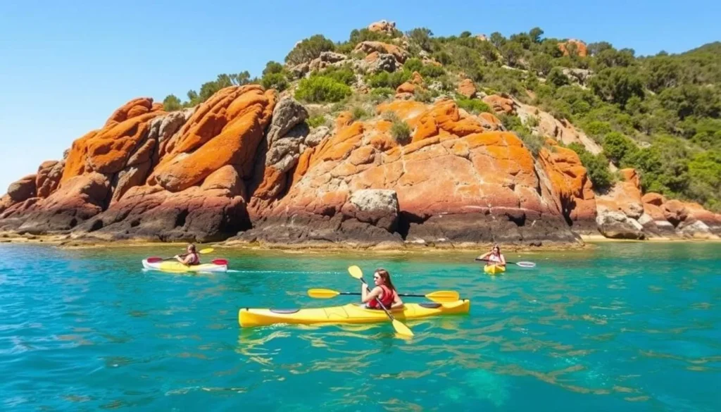 Kayakers exploring the coastline of Binalong Bay with orange granite rocks Kayakers exploring the coastline of Binalong Bay with orange granite rocks