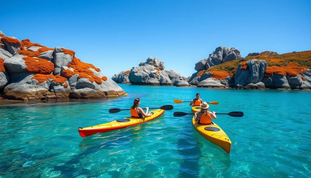 Kayakers exploring the coastline of Furneaux Islands, Tasmania with crystal clear waters