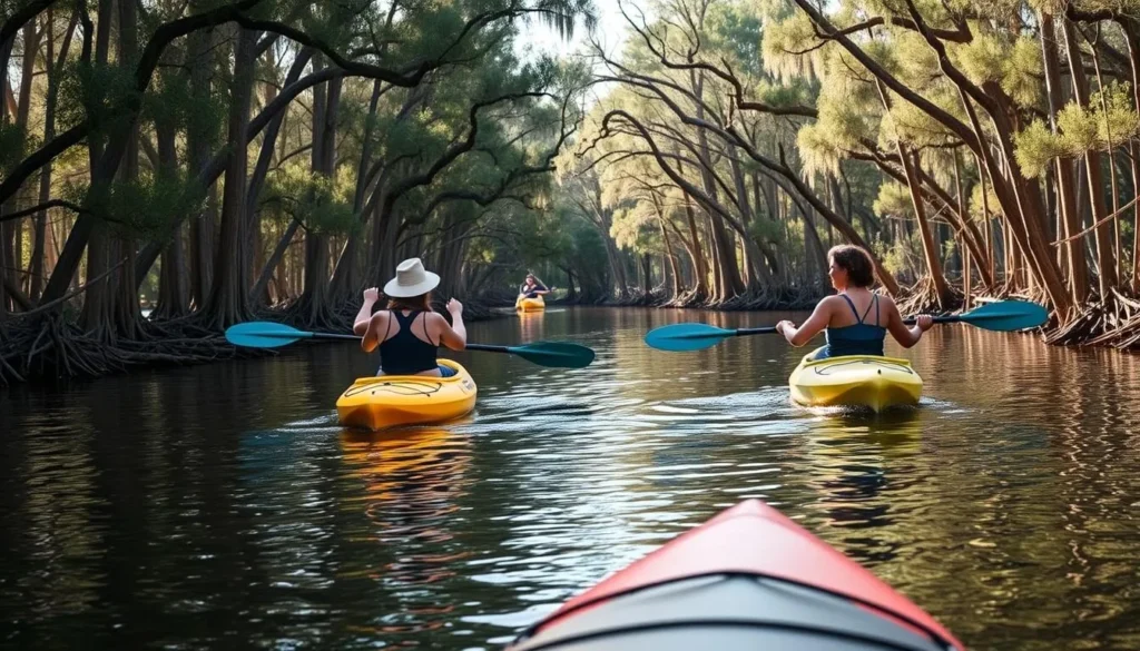 Kayakers exploring the cypress groves of Bayou D'Arbonne Kayakers exploring the cypress groves of Bayou D'Arbonne