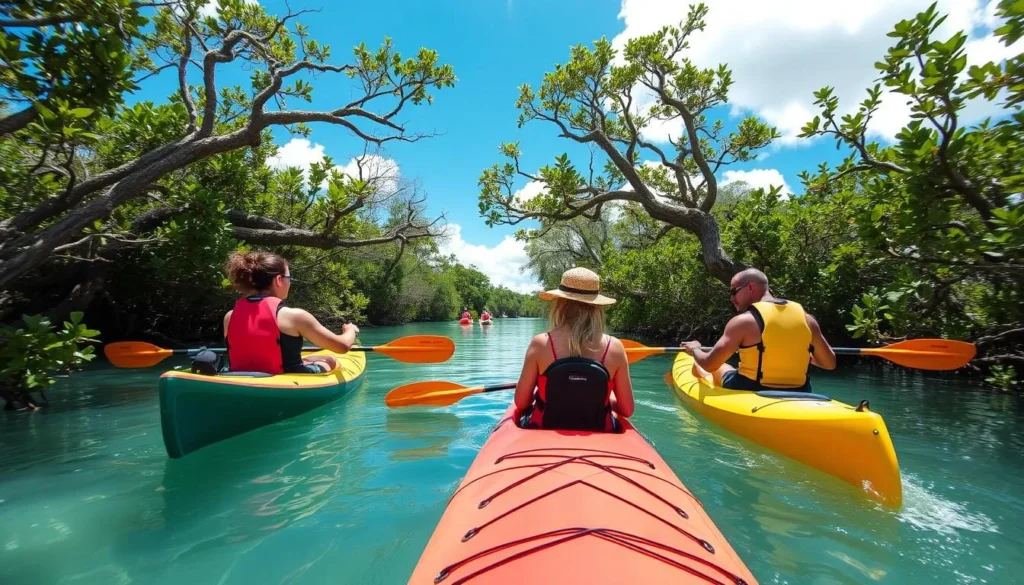 Kayakers exploring the mangroves near Skyway Fishing Pier State Park Florida Kayakers exploring the mangroves near Skyway Fishing Pier State Park Florida