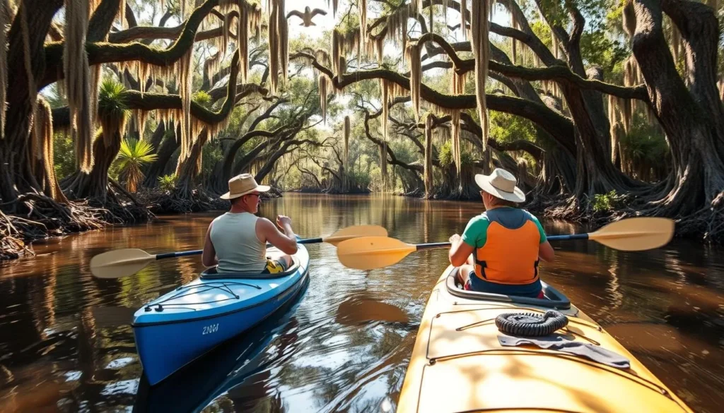 Kayakers exploring the peaceful waterways of Bayou Lacassine