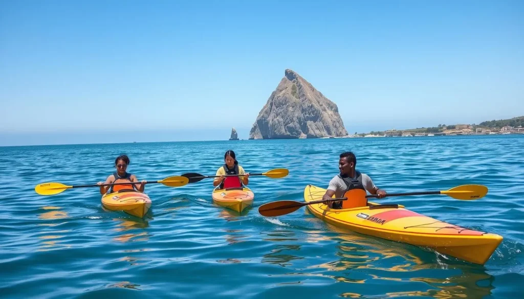 Kayakers exploring the waters near Morro Strand State Beach California with Morro Rock in background Kayakers exploring the waters near Morro Strand State Beach California with Morro Rock in background
