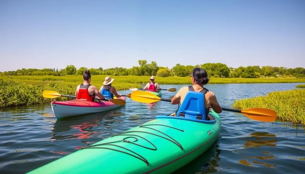 Kayakers exploring the waterways around Beaver Island Illinois on a clear day Kayakers exploring the waterways around Beaver Island Illinois on a clear day
