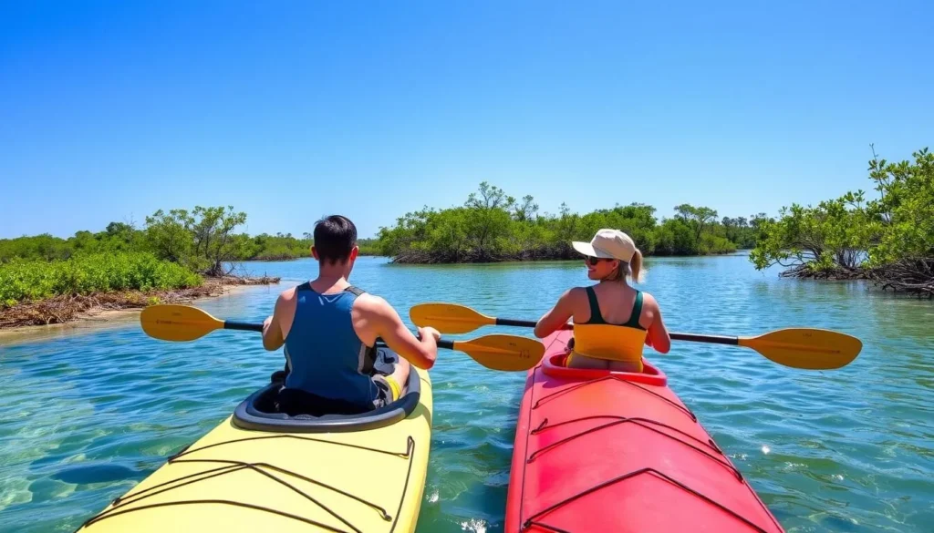 Kayakers exploring the waterways of Werner-Boyce Salt Springs State Park with mangroves in background Kayakers exploring the waterways of Werner-Boyce Salt Springs State Park with mangroves in background