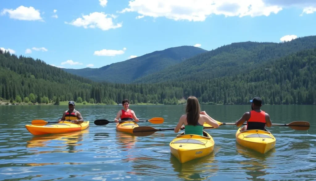Kayakers on Foster Joseph Sayers Reservoir with Bald Eagle Mountain in background