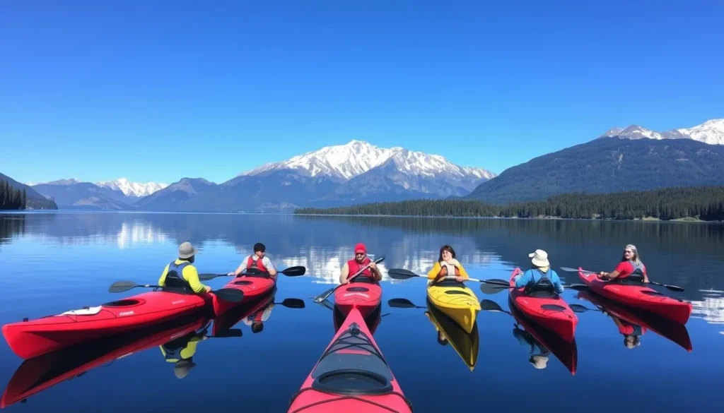 Kayakers on Lake Mapourika near Franz Josef with mountain reflections Kayakers on Lake Mapourika near Franz Josef with mountain reflections