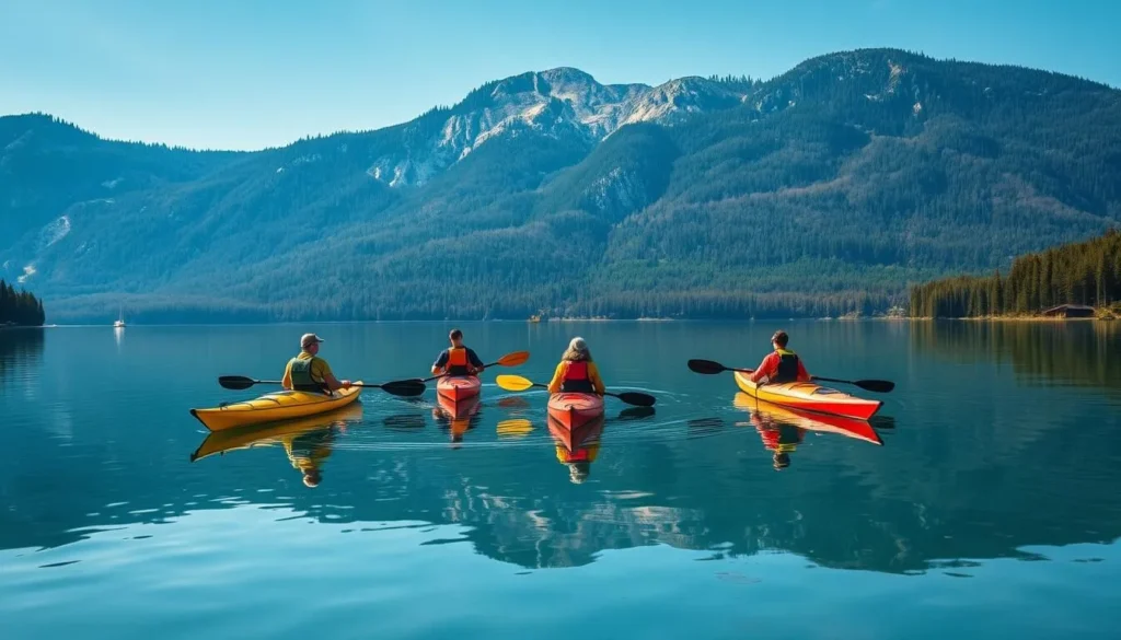 Kayakers on Lake Verkhne-Tulun with mountain backdrop