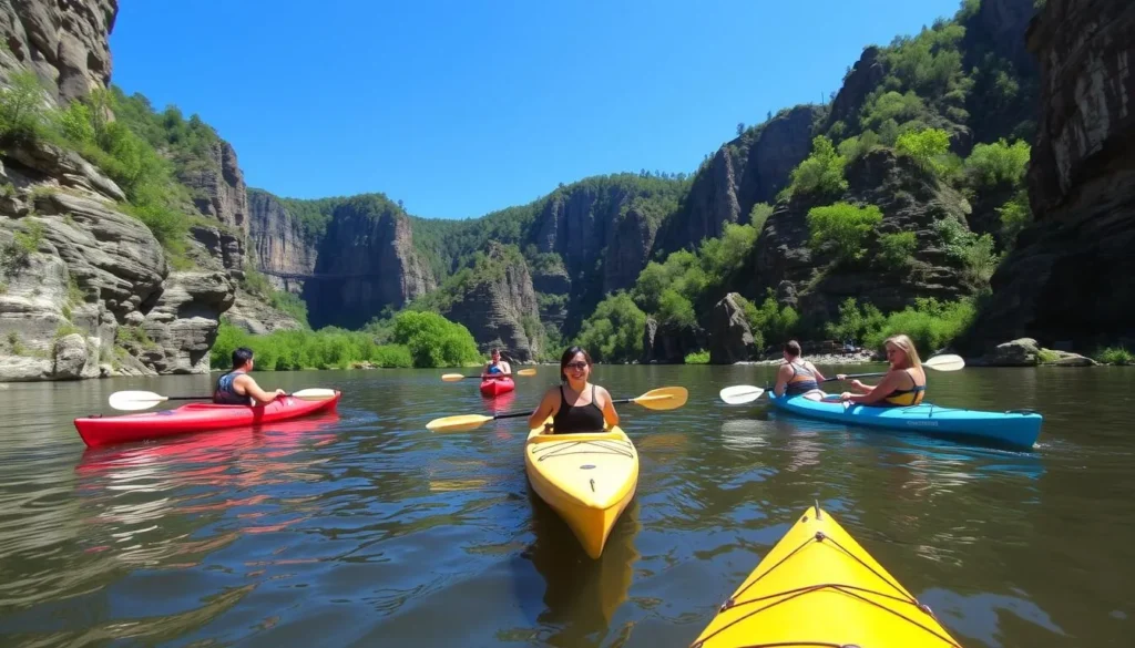 Kayakers on Pine Creek at the bottom of the gorge near Leonard Harrison State Park Pennsylvania Kayakers on Pine Creek at the bottom of the gorge near Leonard Harrison State Park Pennsylvania