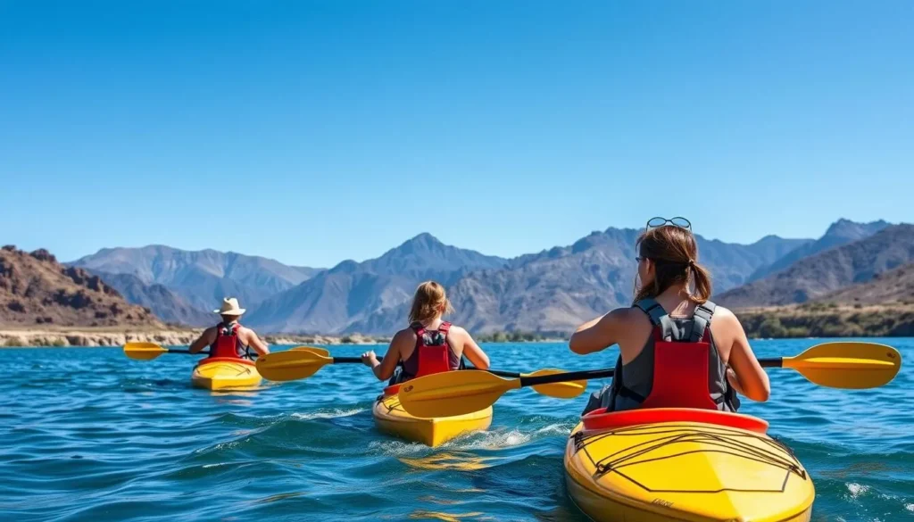 Kayakers on the Colorado River with the Black Mountains in the background Kayakers on the Colorado River with the Black Mountains in the background