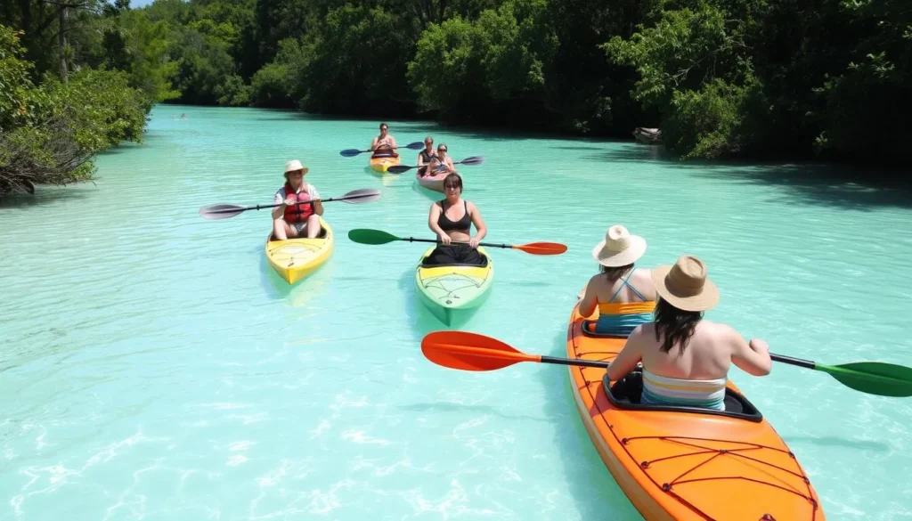 Kayakers paddling down the crystal clear Weeki Wachee River Kayakers paddling down the crystal clear Weeki Wachee River