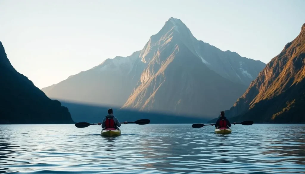 Kayakers paddling in Milford Sound with Mitre Peak in the background