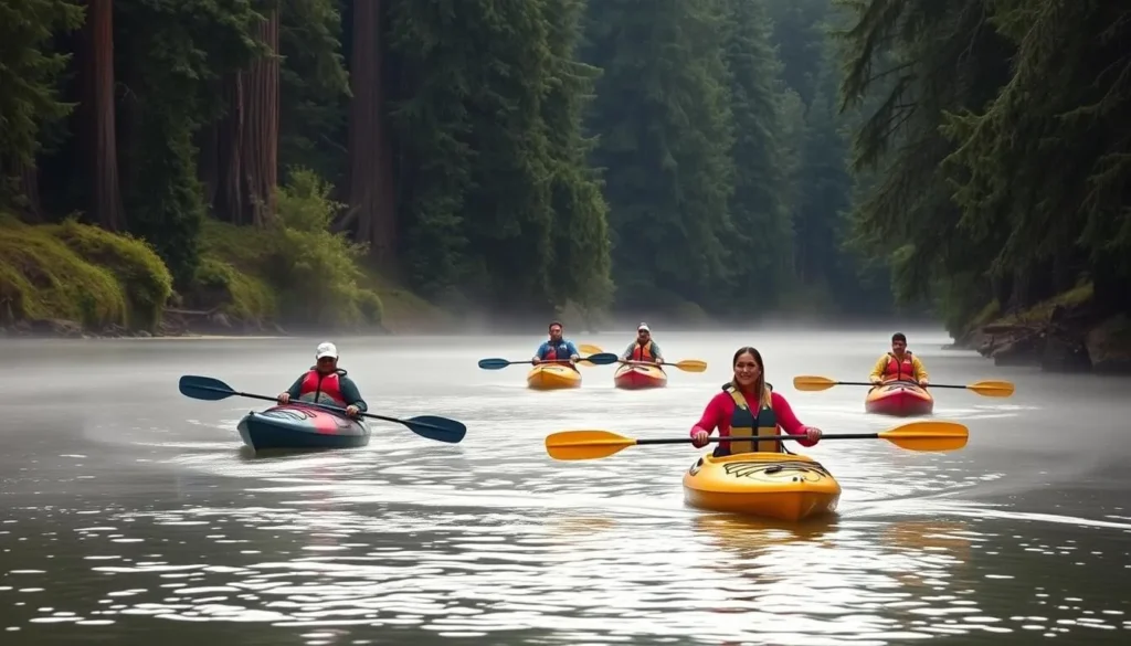 Kayakers paddling on Big River near Mendocino Woodlands State Park Kayakers paddling on Big River near Mendocino Woodlands State Park