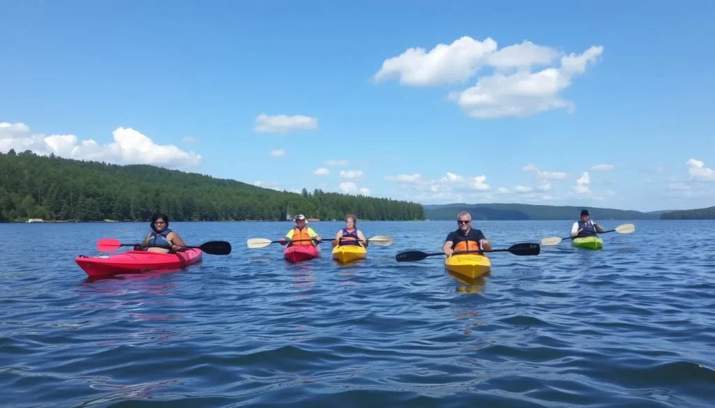 Kayakers paddling on Conneaut Lake with forested shoreline in background Kayakers paddling on Conneaut Lake with forested shoreline in background