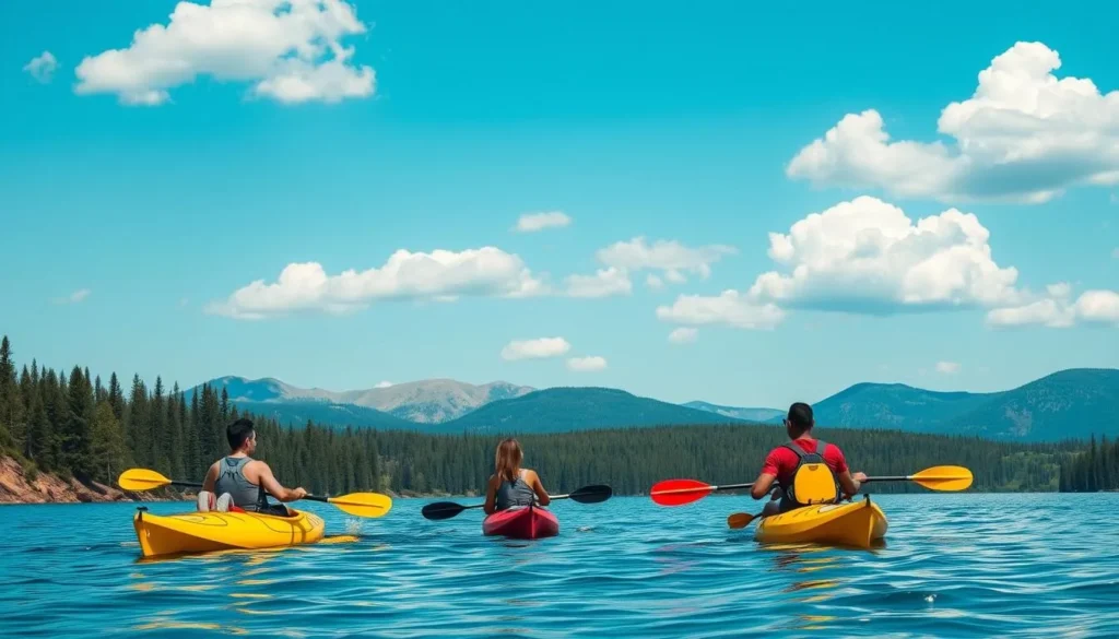 Kayakers paddling on Fool Hollow Lake with forested shoreline and mountains