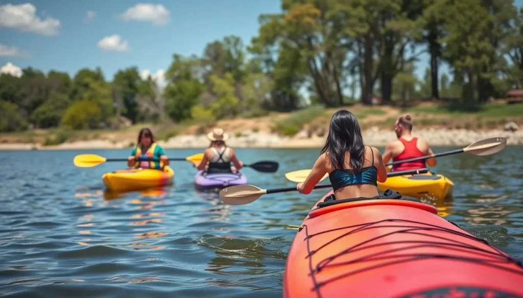 Kayakers paddling on LaSalle Lake with natural shoreline and trees visible in the background Kayakers paddling on LaSalle Lake with natural shoreline and trees visible in the background