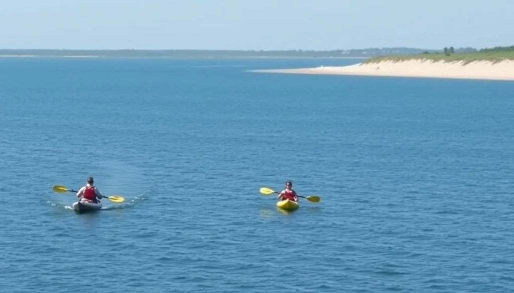 Kayakers paddling on Lake Michigan near Illinois Beach Nature Preserve shoreline Kayakers paddling on Lake Michigan near Illinois Beach Nature Preserve shoreline