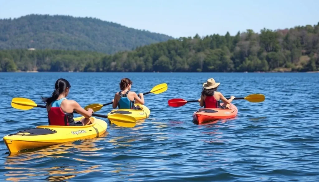 Kayakers paddling on Mauch Chunk Lake with forested shoreline Kayakers paddling on Mauch Chunk Lake with forested shoreline