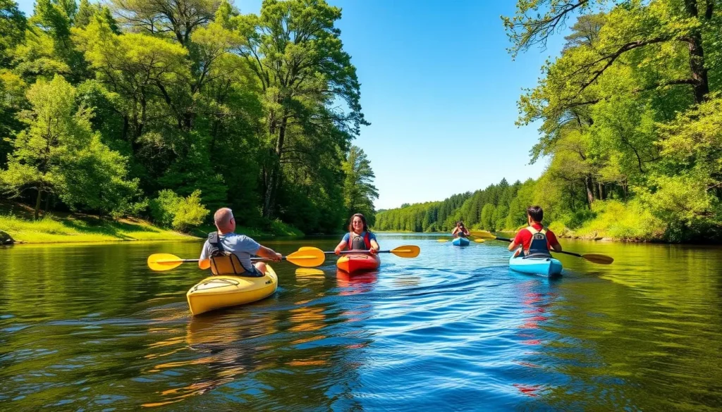 Kayakers paddling on Oil Creek surrounded by forested shorelines