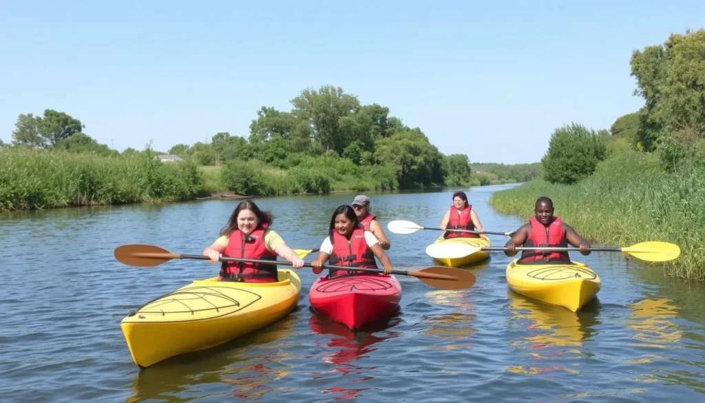 Kayakers paddling on a scenic section of the Illinois and Michigan Canal between Channahon and Morris Kayakers paddling on a scenic section of the Illinois and Michigan Canal between Channahon and Morris
