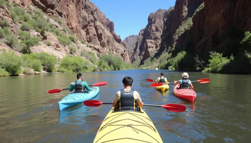 Kayakers paddling on the Gila River with canyon walls and riparian vegetation visible Kayakers paddling on the Gila River with canyon walls and riparian vegetation visible