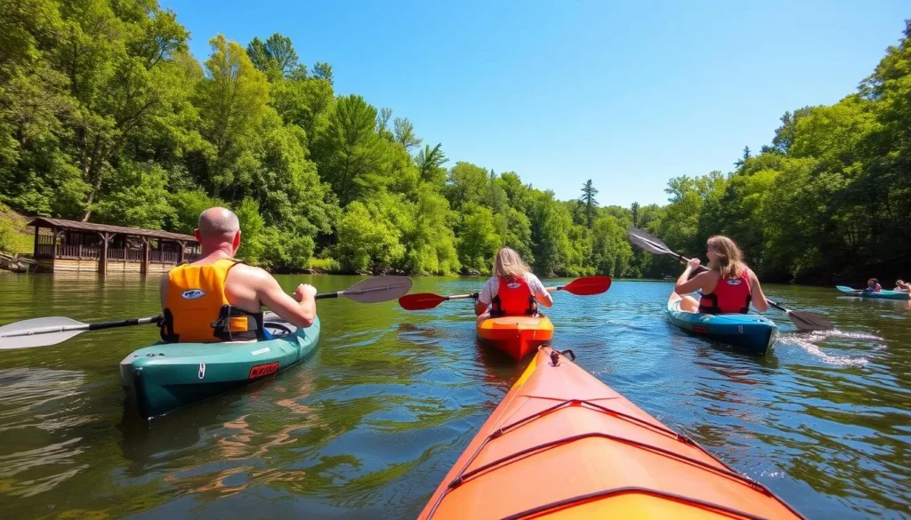 Kayakers paddling on the Middle Fork River surrounded by lush green forest on a sunny day Kayakers paddling on the Middle Fork River surrounded by lush green forest on a sunny day