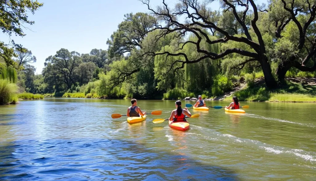 Kayakers paddling on the Stanislaus River through Caswell Memorial State Park Kayakers paddling on the Stanislaus River through Caswell Memorial State Park