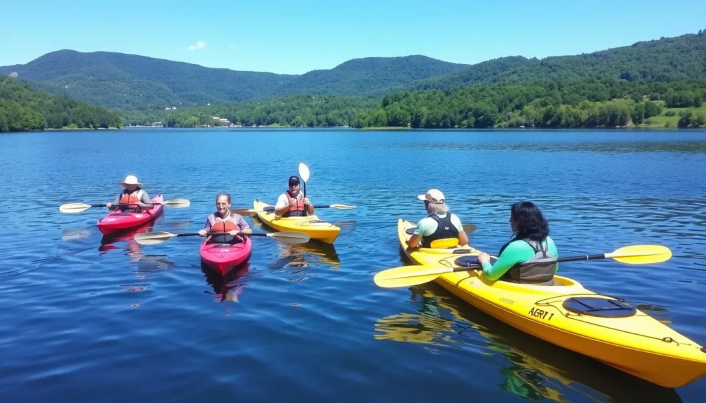 Kayakers paddling on the Susquehanna River near Peters Mountain with forested hills in background