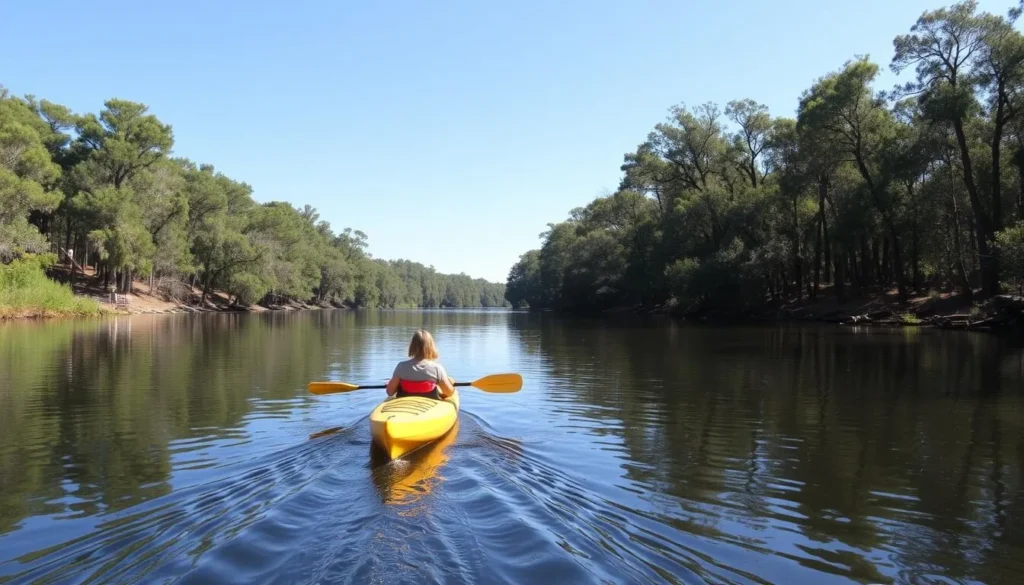 Kayakers paddling on the Suwannee River near Troy Spring State Park Kayakers paddling on the Suwannee River near Troy Spring State Park