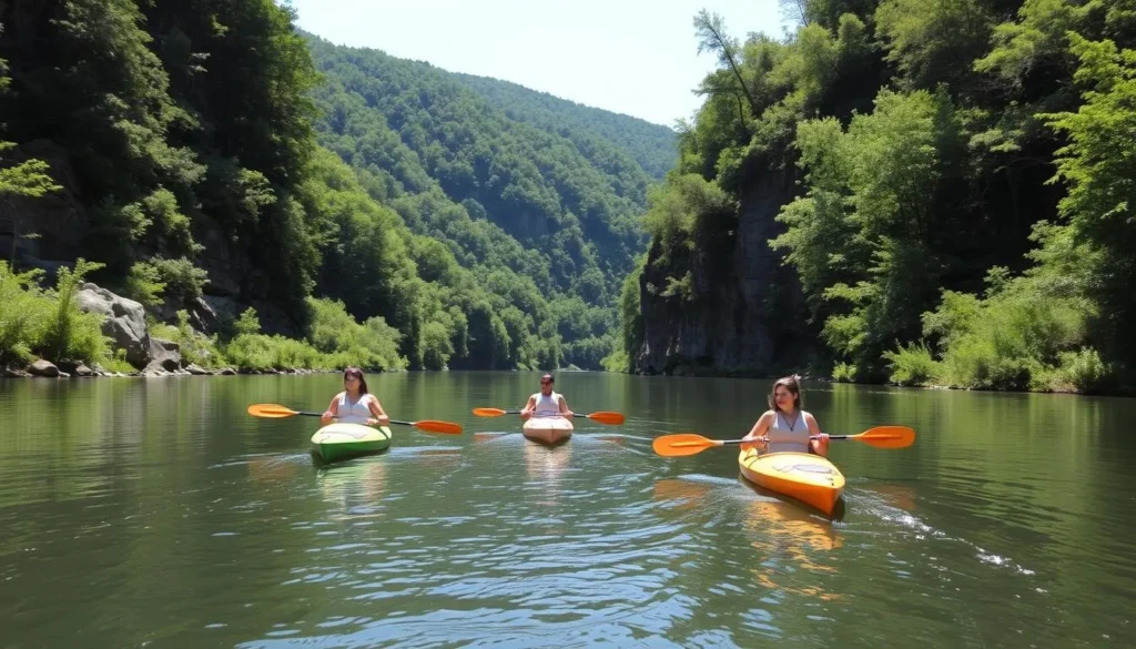 Kayakers paddling on the West Branch Susquehanna River through Bucktail State Park Kayakers paddling on the West Branch Susquehanna River through Bucktail State Park