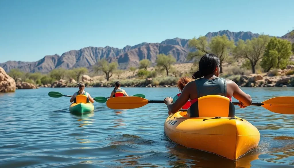 Kayakers paddling on the calm waters of Bill Williams River