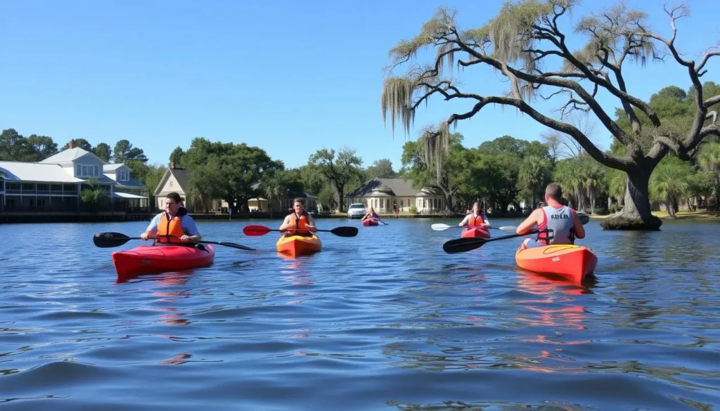 Kayakers paddling on the calm waters of Cane River Lake with historic buildings visible on the shore