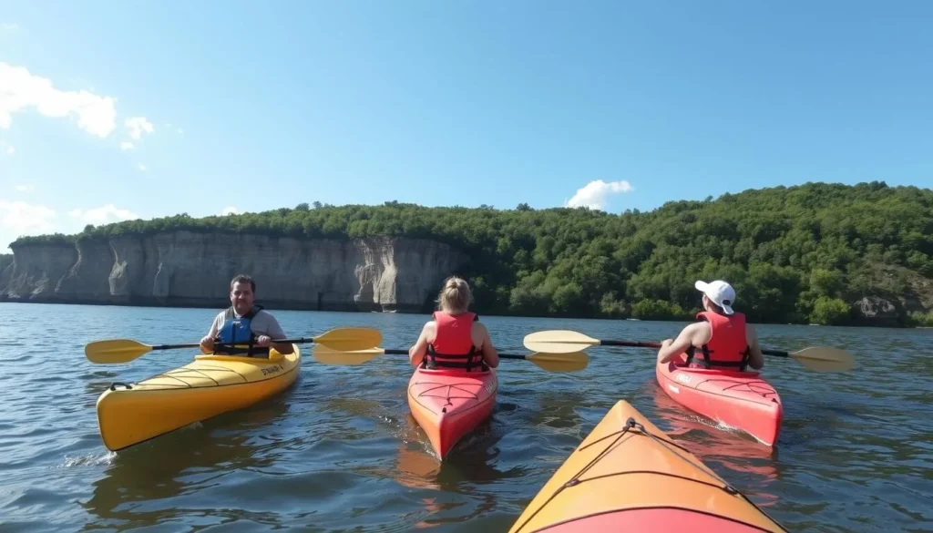 Kayakers paddling on the calm waters of the Mississippi River with bluffs in the background