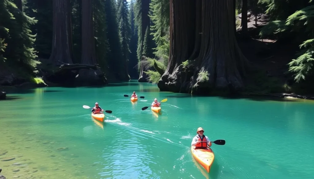 Kayakers paddling on the emerald green Smith River with redwoods in background Kayakers paddling on the emerald green Smith River with redwoods in background