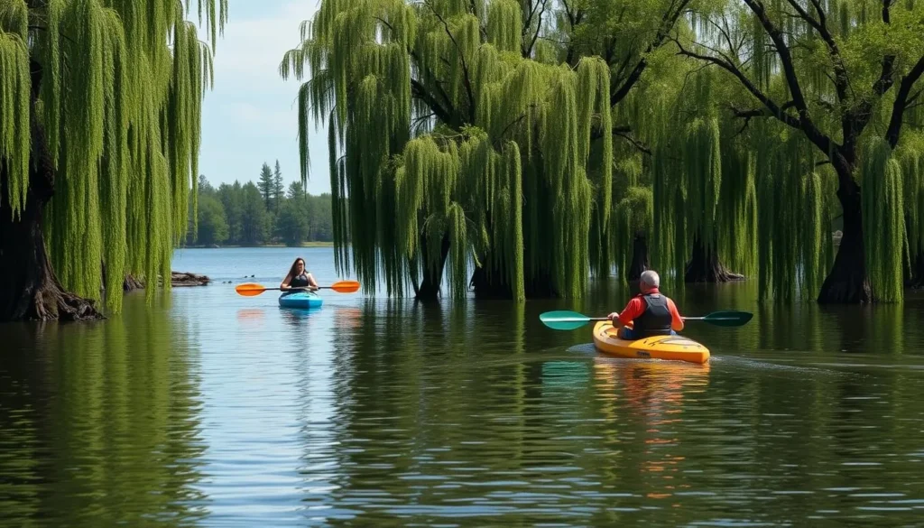 Kayakers paddling through cypress trees at Mermet Lake