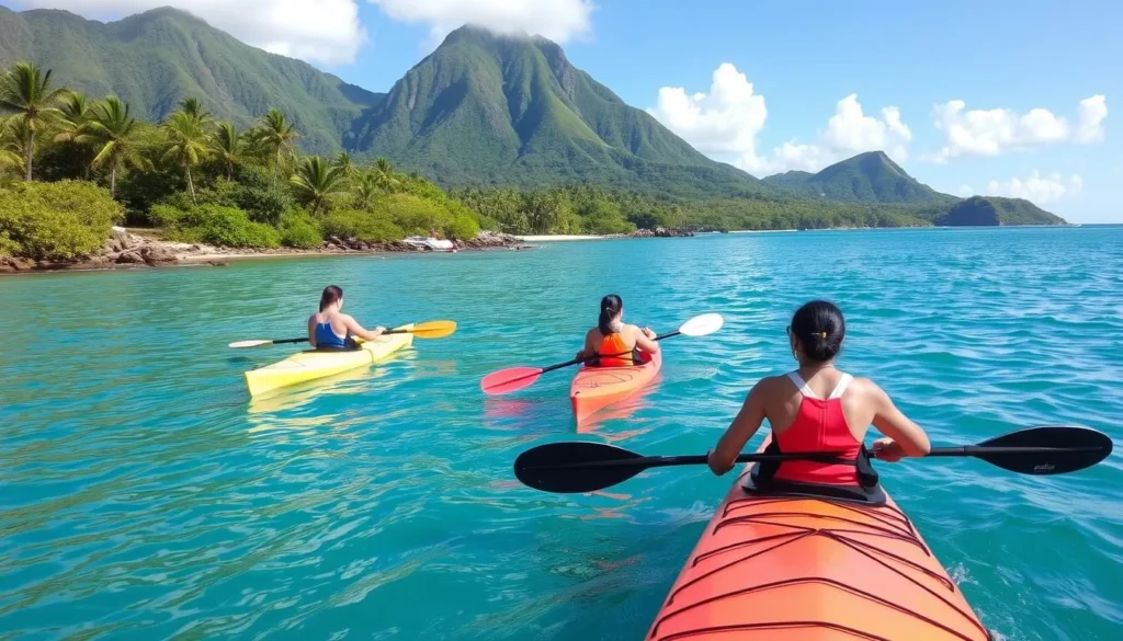 Kayaking along the coast of Nevis with views of the mountain and beaches