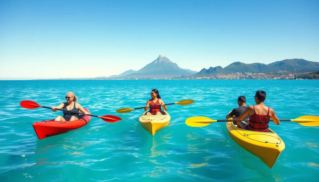 Kayaking in Bay of Plenty New Zealand with Mount Maunganui in background
