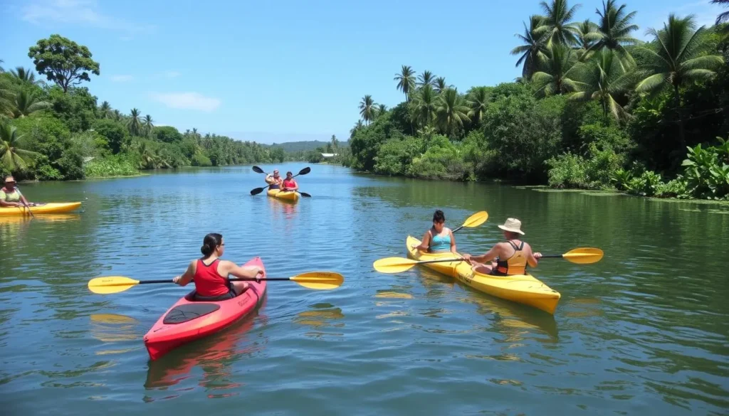 Kayaking in Mahaica Lakes Region with diverse tourists enjoying water activities