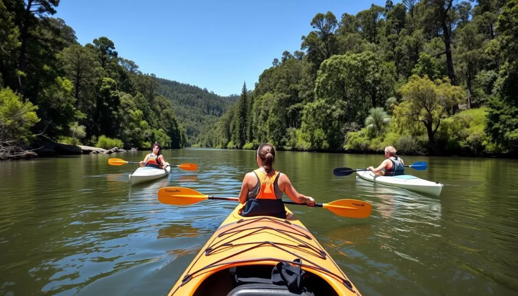 Kayaking on Blackwood River in Augusta Western Australia with forest scenery