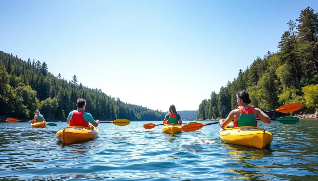 Kayaking on Kama River in Nizhnyaya Kama National Park Russia with forested shorelines