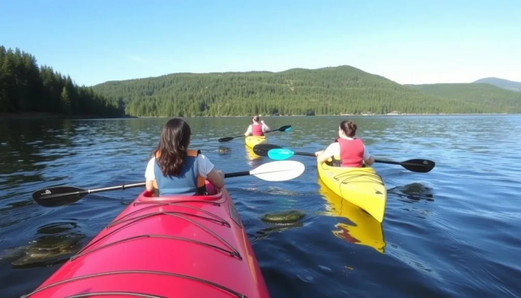 Kayaking on Lake Hemlock Pennsylvania with forested shoreline Kayaking on Lake Hemlock Pennsylvania with forested shoreline
