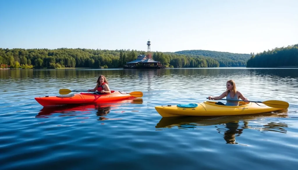 Kayaking on Lake Jean Pennsylvania with diverse paddlers Kayaking on Lake Jean Pennsylvania with diverse paddlers