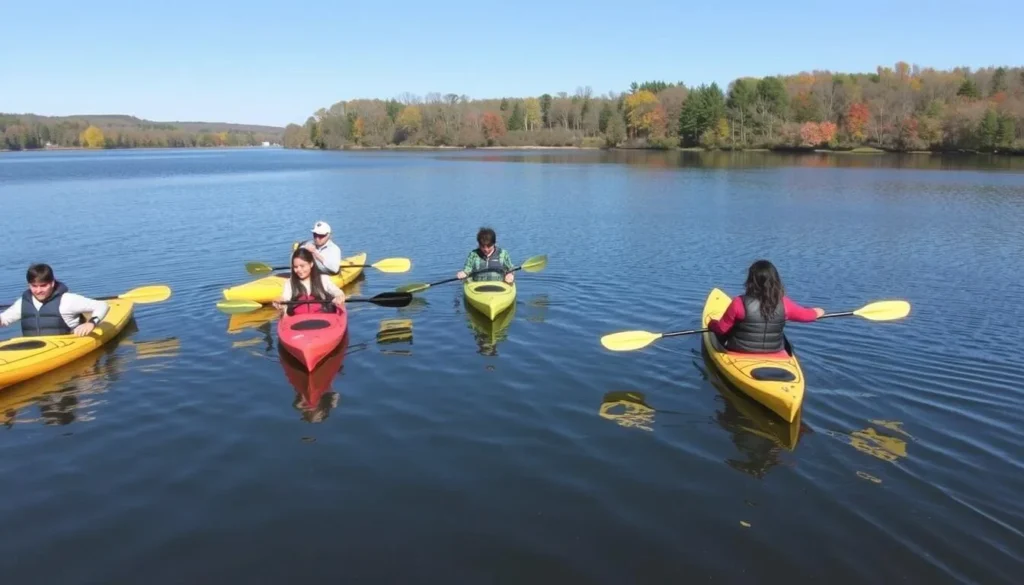 Kayaking on Lake Luxembourg in Core Creek Park with small group of diverse paddlers Kayaking on Lake Luxembourg in Core Creek Park with small group of diverse paddlers