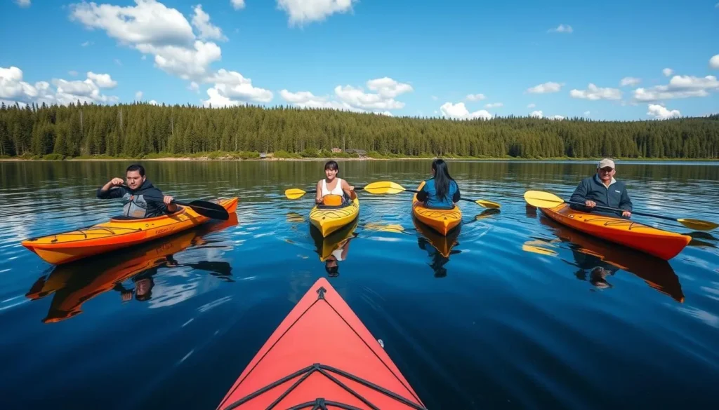 Kayaking on Lake Vodlozero with forest backdrop Kayaking on Lake Vodlozero with forest backdrop