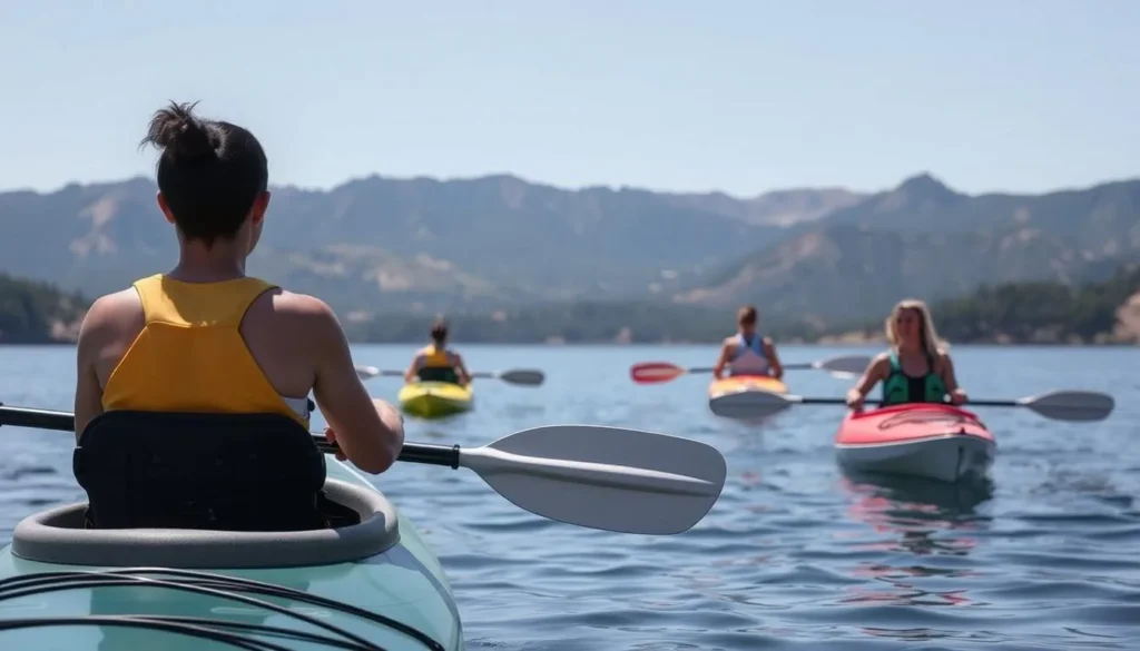 Kayaking on Millerton Lake State Recreation Area California with scenic mountain backdrop Kayaking on Millerton Lake State Recreation Area California with scenic mountain backdrop