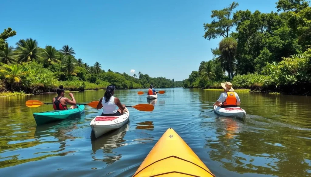 Kayaking on the Demerara River near Linden with diverse tourists enjoying the peaceful waterway