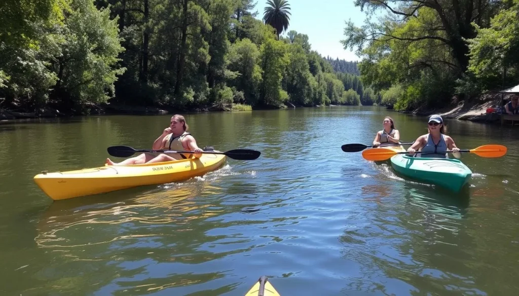 Kayaking on the Merced River at McConnell State Recreation Area California with four kayakers Kayaking on the Merced River at McConnell State Recreation Area California with four kayakers